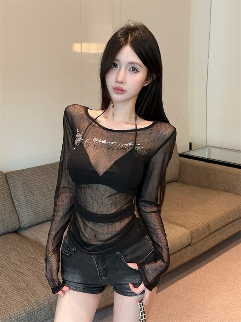 실사 핫걸 핫픽스 망사 자외선 차단 블라우스 시스루 알파벳 긴팔 티셔츠 섹시함 슬림해 보이는 맨위 상세 이미지 6