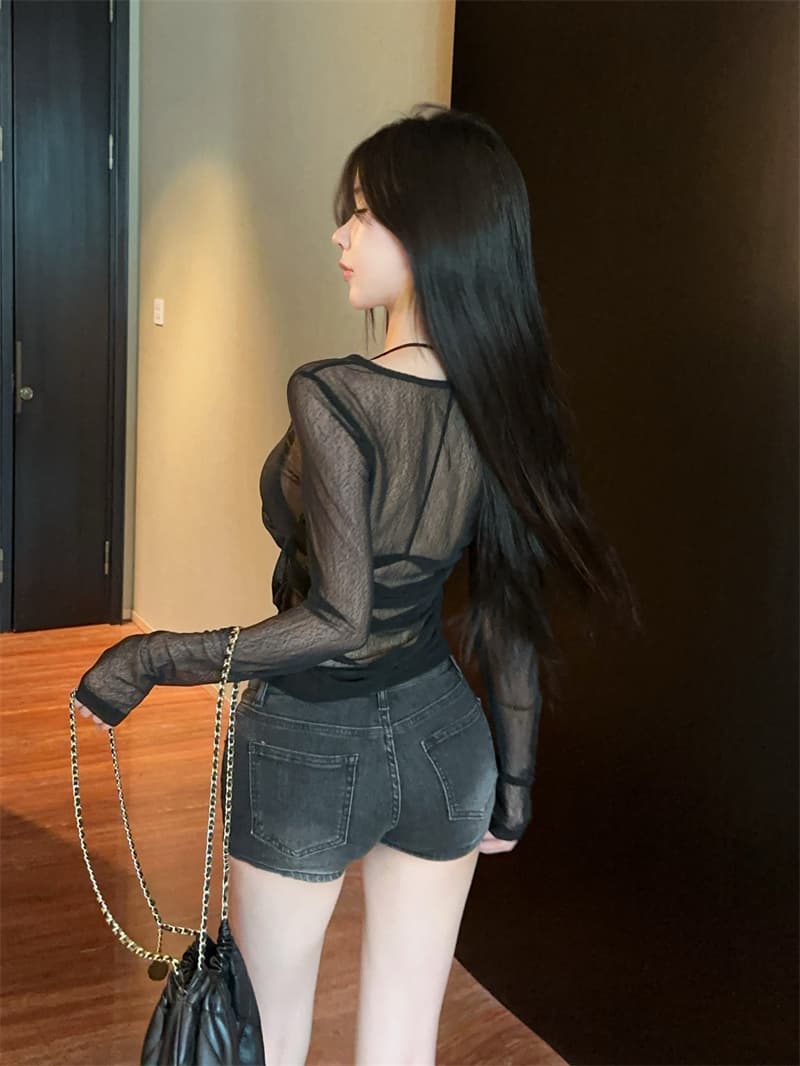 실사 핫걸 핫픽스 망사 자외선 차단 블라우스 시스루 알파벳 긴팔 티셔츠 섹시함 슬림해 보이는 맨위 상세 이미지 7