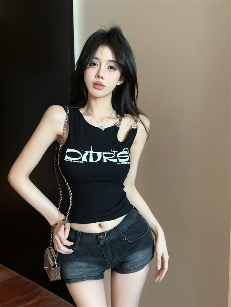 실사 아메리칸 레트로 검정색 알파벳 프린트 핫걸 금속 Chic 홀로우 아웃 민소매 조끼 상세 이미지 1