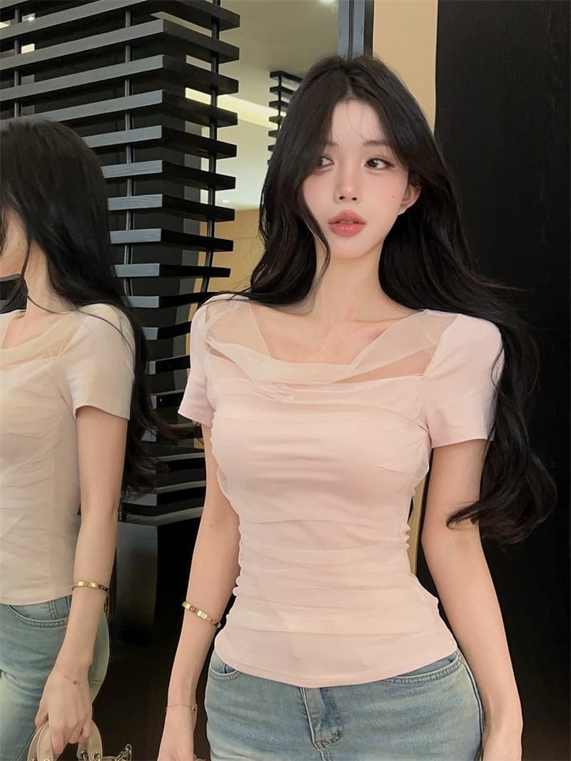 실사 디자인 센스 흔들다 칼라 패치워크 망사 반팔 티셔츠 맨위 상세 이미지 2