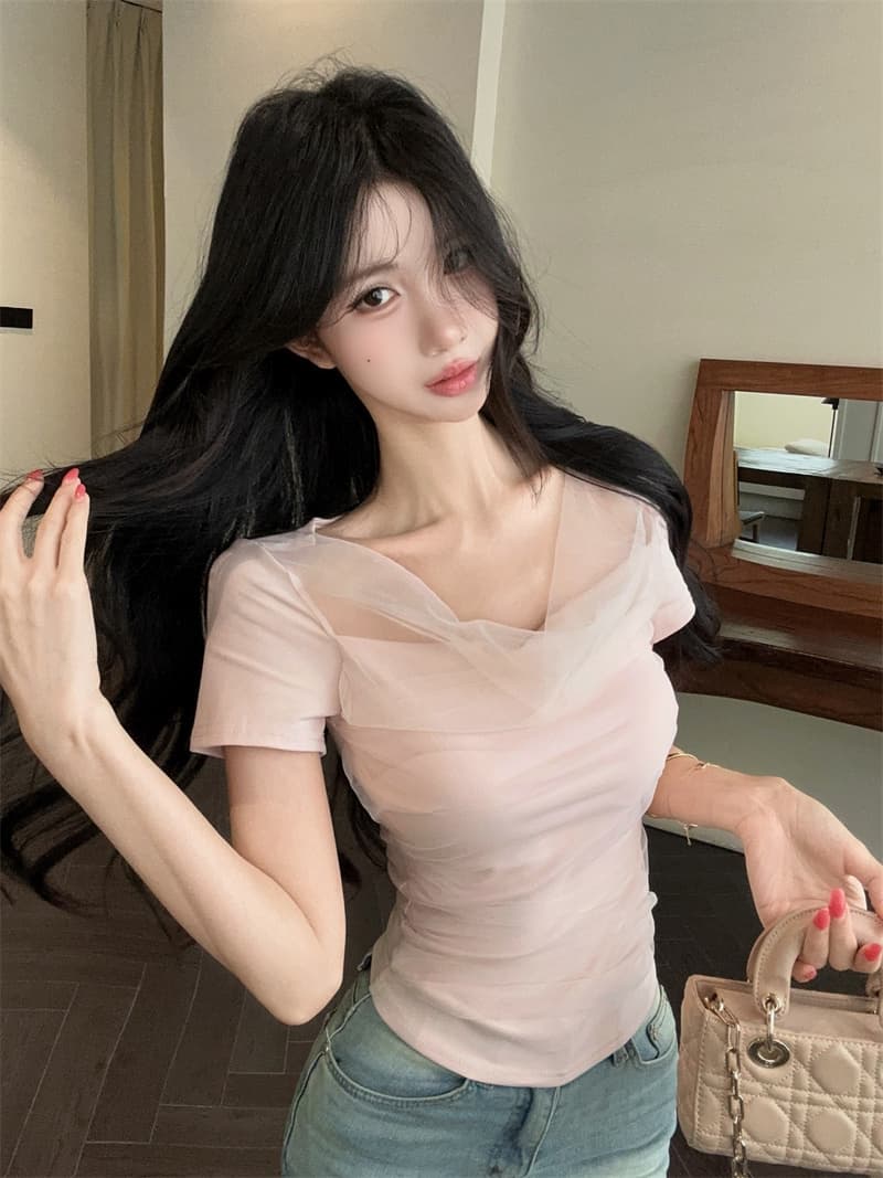 실사 디자인 센스 흔들다 칼라 패치워크 망사 반팔 티셔츠 맨위 상세 이미지 3