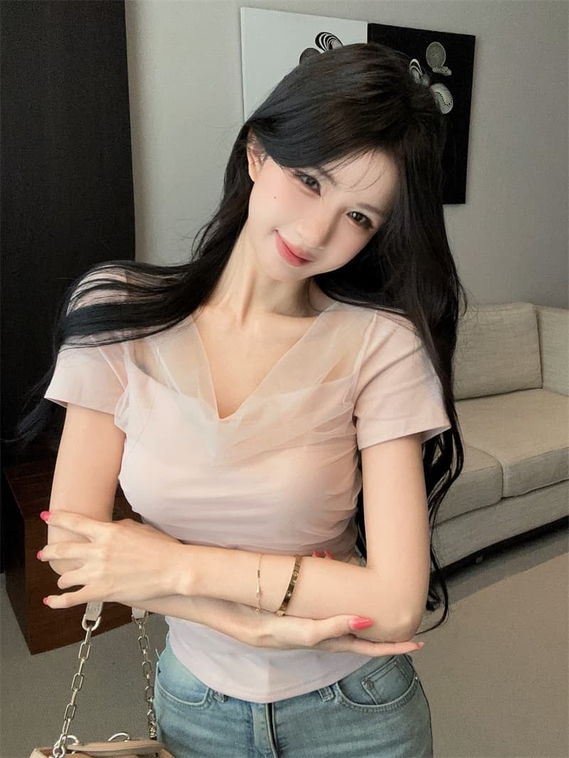 실사 디자인 센스 흔들다 칼라 패치워크 망사 반팔 티셔츠 맨위 상세 이미지 4