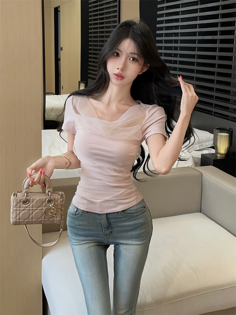 실사 디자인 센스 흔들다 칼라 패치워크 망사 반팔 티셔츠 맨위 상세 이미지 6