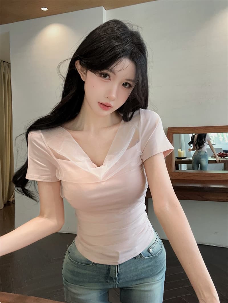 실사 디자인 센스 흔들다 칼라 패치워크 망사 반팔 티셔츠 맨위 상세 이미지 7