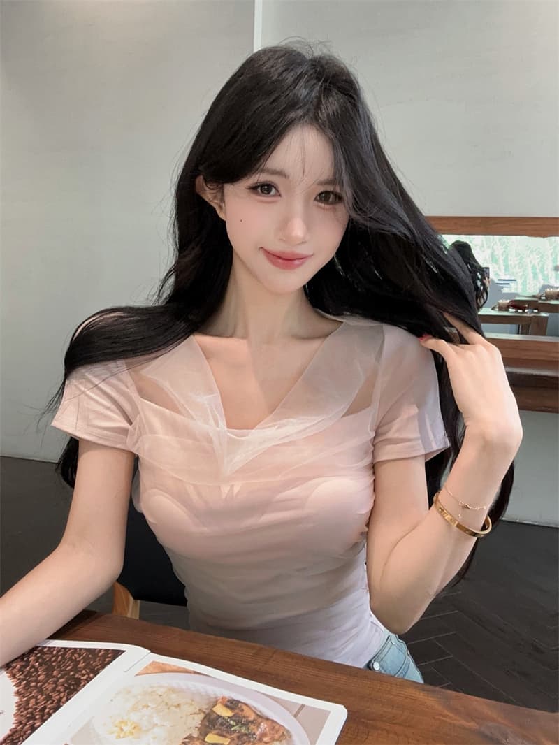 실사 디자인 센스 흔들다 칼라 패치워크 망사 반팔 티셔츠 맨위 상세 이미지 8