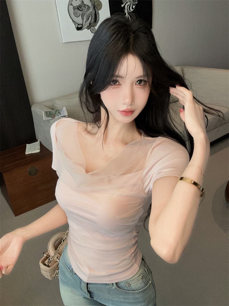 실사 디자인 센스 흔들다 칼라 패치워크 망사 반팔 티셔츠 맨위 상세 이미지 9
