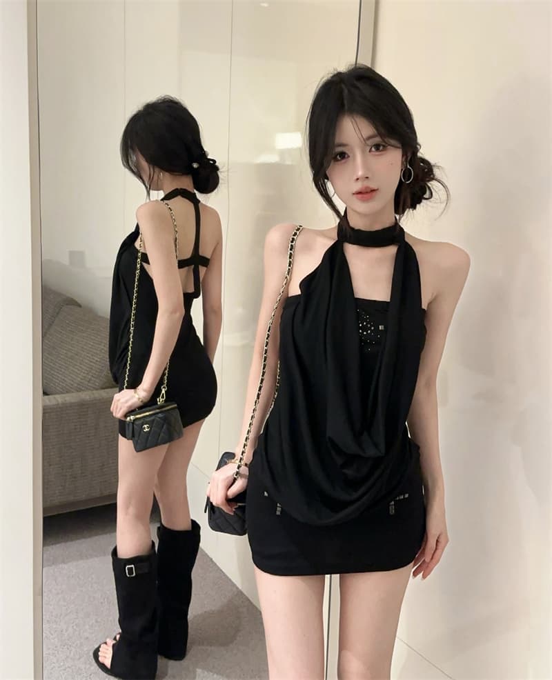 실사 아메리칸 핫걸 페이크 레이어드 핫픽스 흔들다 칼라 행침 목 섹시함 순수한 욕망 품격 타이트 스커트 드레스 상세 이미지 4