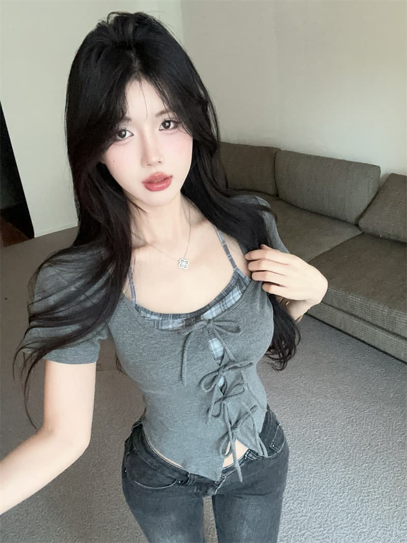 실사 아메리칸 달콤함 페이크 레이어드 작은 셔츠 패치워크 체크무늬 행침 목 몸매 가꾸기 반팔 맨위 상세 이미지 1