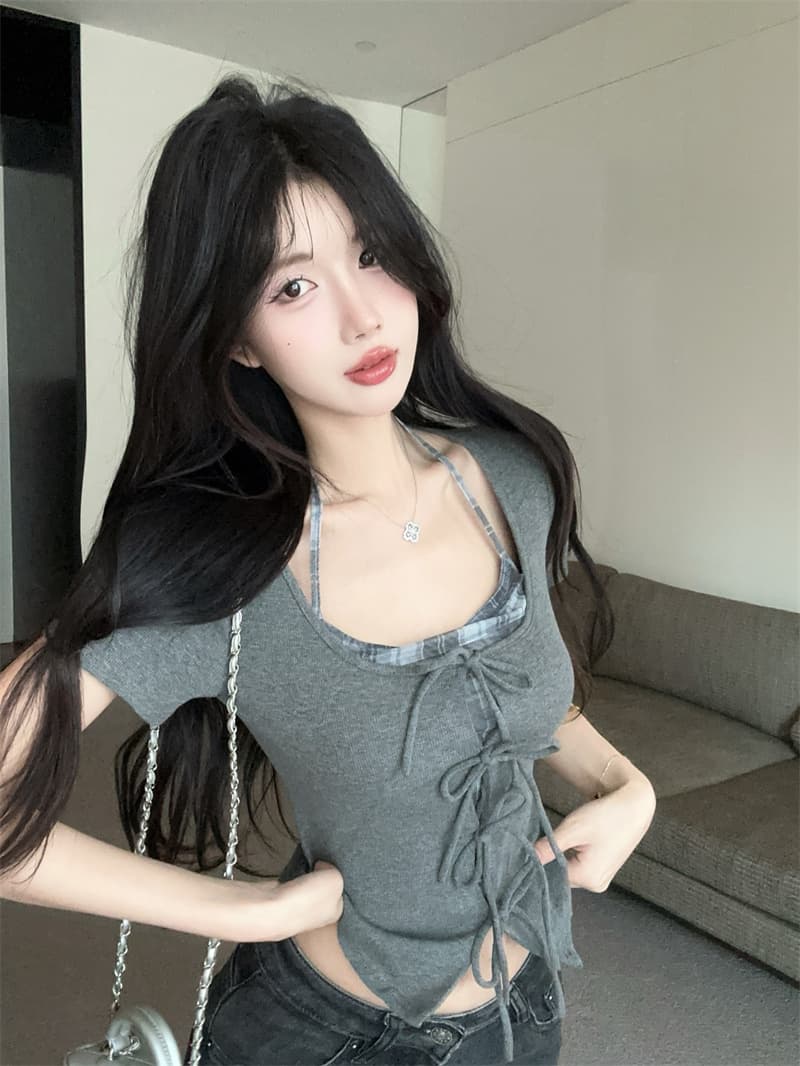 실사 아메리칸 달콤함 페이크 레이어드 작은 셔츠 패치워크 체크무늬 행침 목 몸매 가꾸기 반팔 맨위 상세 이미지 4