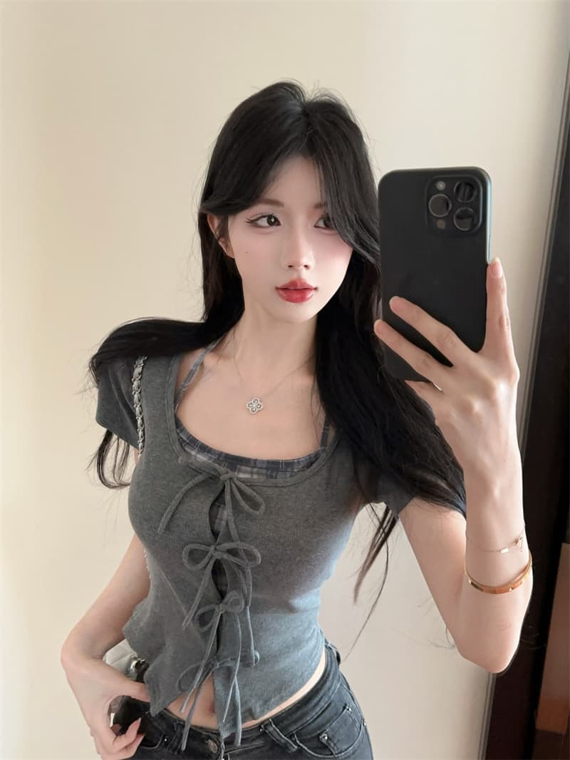 실사 아메리칸 달콤함 페이크 레이어드 작은 셔츠 패치워크 체크무늬 행침 목 몸매 가꾸기 반팔 맨위 상세 이미지 6
