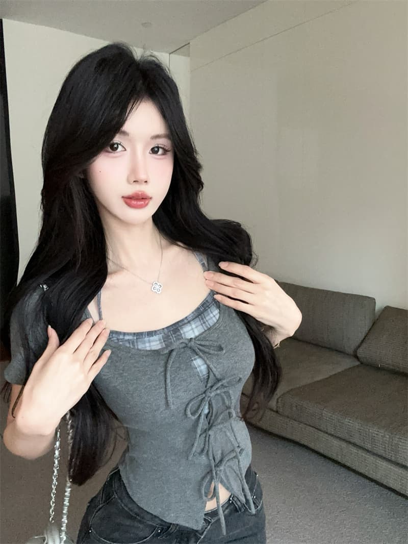 실사 아메리칸 달콤함 페이크 레이어드 작은 셔츠 패치워크 체크무늬 행침 목 몸매 가꾸기 반팔 맨위 상세 이미지 7