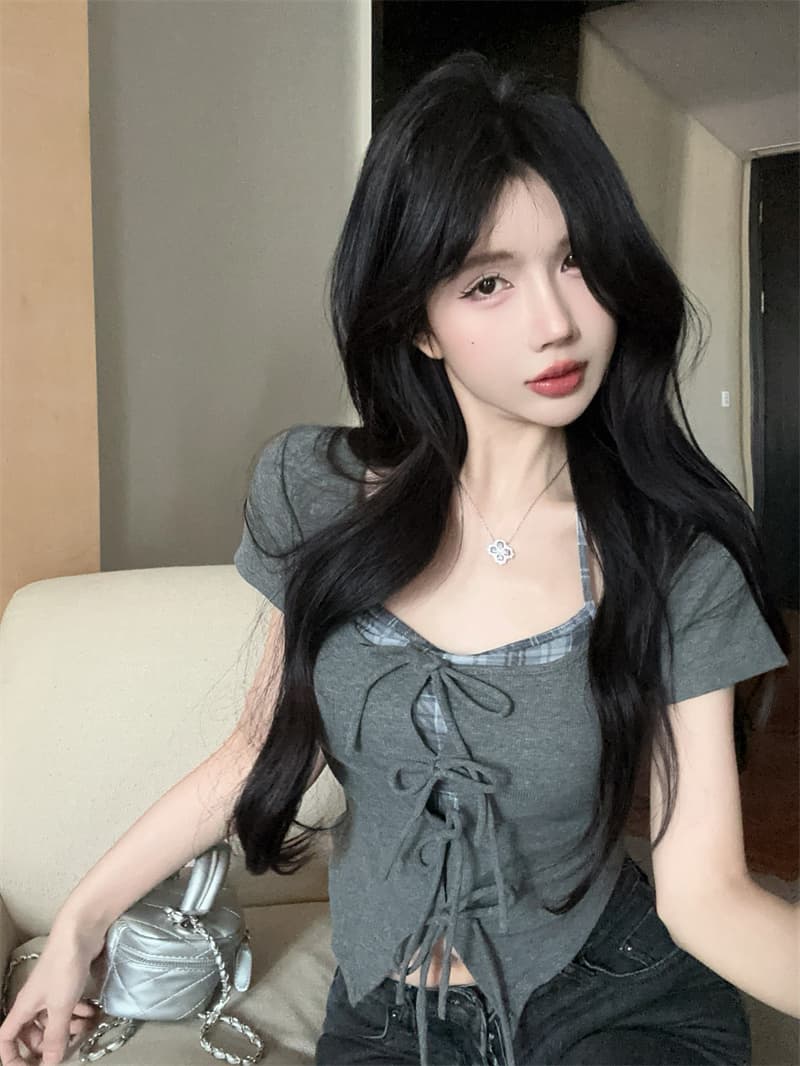 실사 아메리칸 달콤함 페이크 레이어드 작은 셔츠 패치워크 체크무늬 행침 목 몸매 가꾸기 반팔 맨위 상세 이미지 8