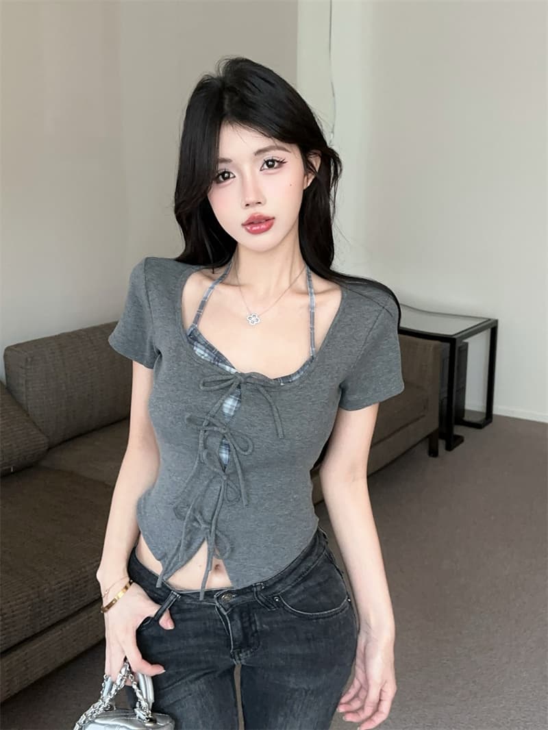 실사 아메리칸 달콤함 페이크 레이어드 작은 셔츠 패치워크 체크무늬 행침 목 몸매 가꾸기 반팔 맨위 상세 이미지 10
