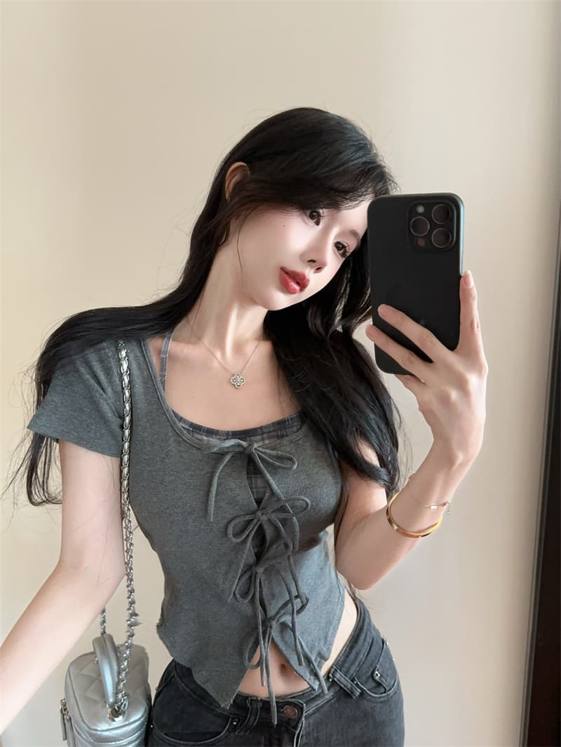 실사 아메리칸 달콤함 페이크 레이어드 작은 셔츠 패치워크 체크무늬 행침 목 몸매 가꾸기 반팔 맨위 상세 이미지 11