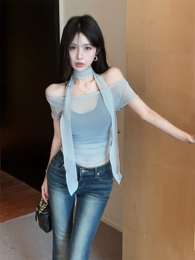 실사 한 부서 망사 시스루 섹시함 오프숄더 리본 아름다움 뒤로 투피스 조끼 맨위 상세 이미지 2