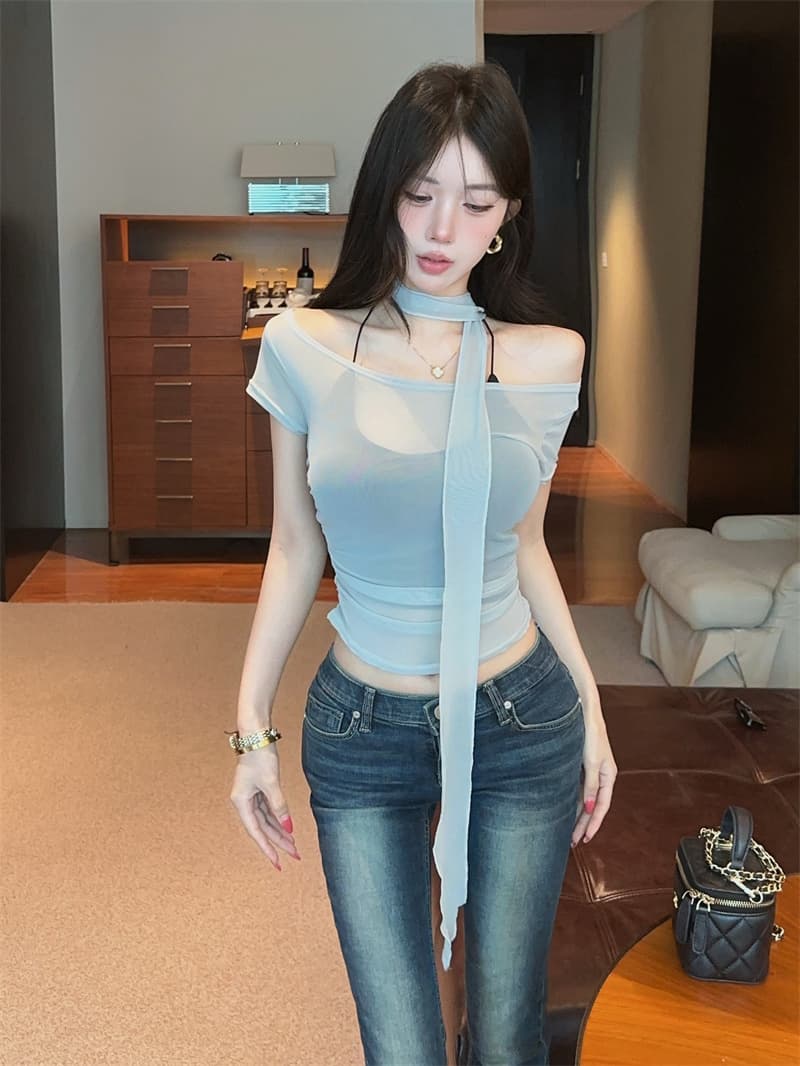 실사 한 부서 망사 시스루 섹시함 오프숄더 리본 아름다움 뒤로 투피스 조끼 맨위 상세 이미지 4