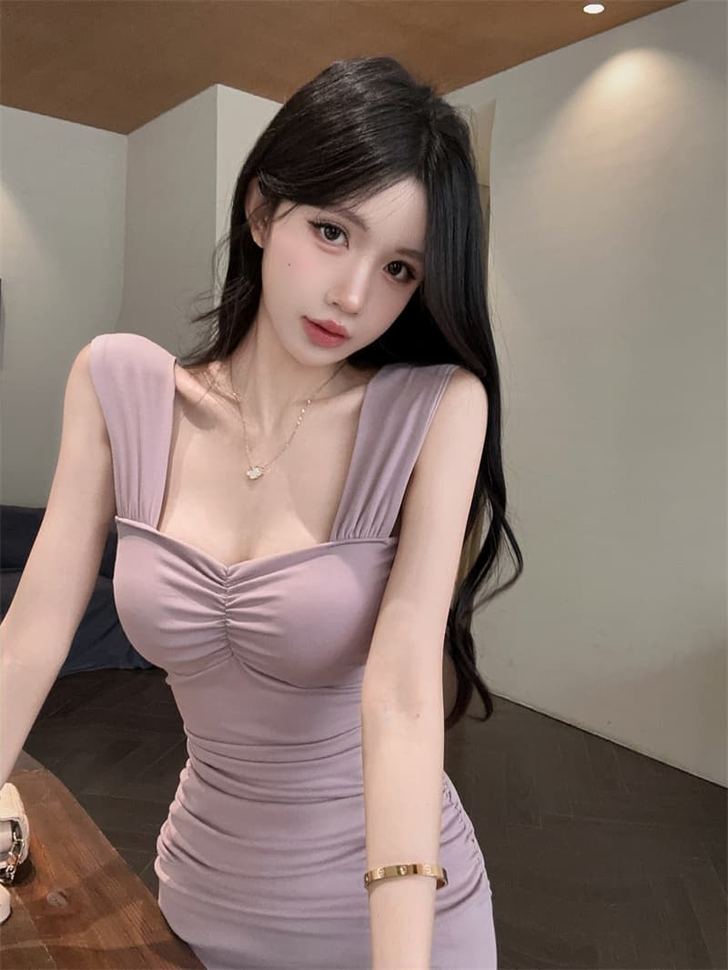 실사 프랑스식 부드러운 광장 칼라 슬립 타이트 스커트 슬림해 보이는 품격 점프 슈트 롱 스커트 상세 이미지 12