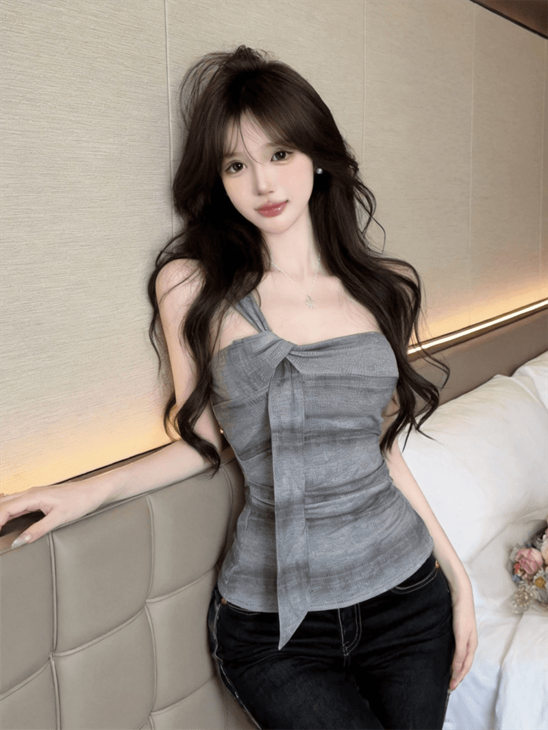 실사 민소매 캐미솔 비스듬한 어깨 리본 튜브탑 오프숄더 맨위 이미지 4