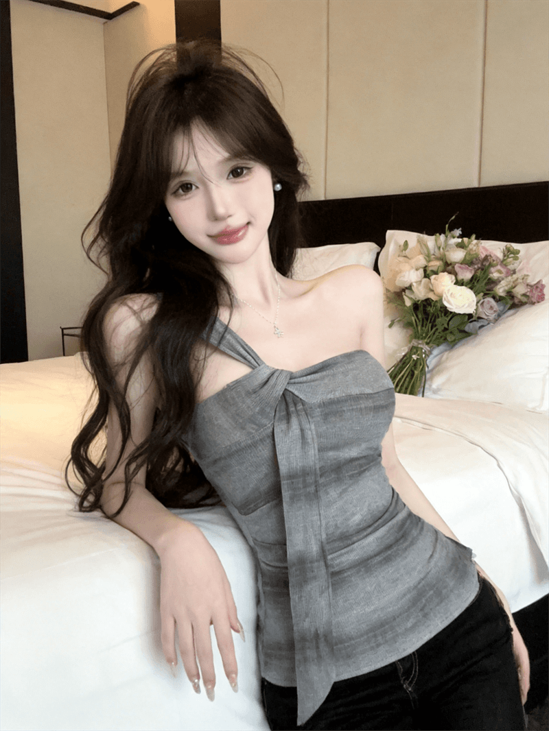 실사 민소매 캐미솔 비스듬한 어깨 리본 튜브탑 오프숄더 맨위 상세 이미지 2
