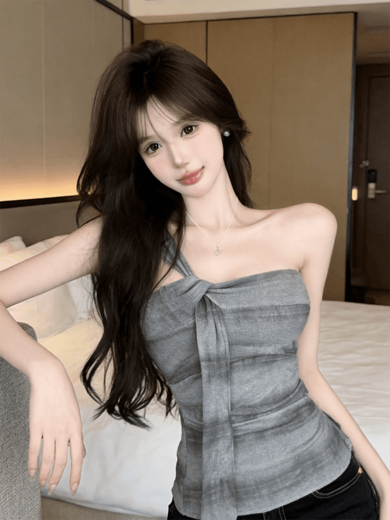 실사 민소매 캐미솔 비스듬한 어깨 리본 튜브탑 오프숄더 맨위 상세 이미지 10