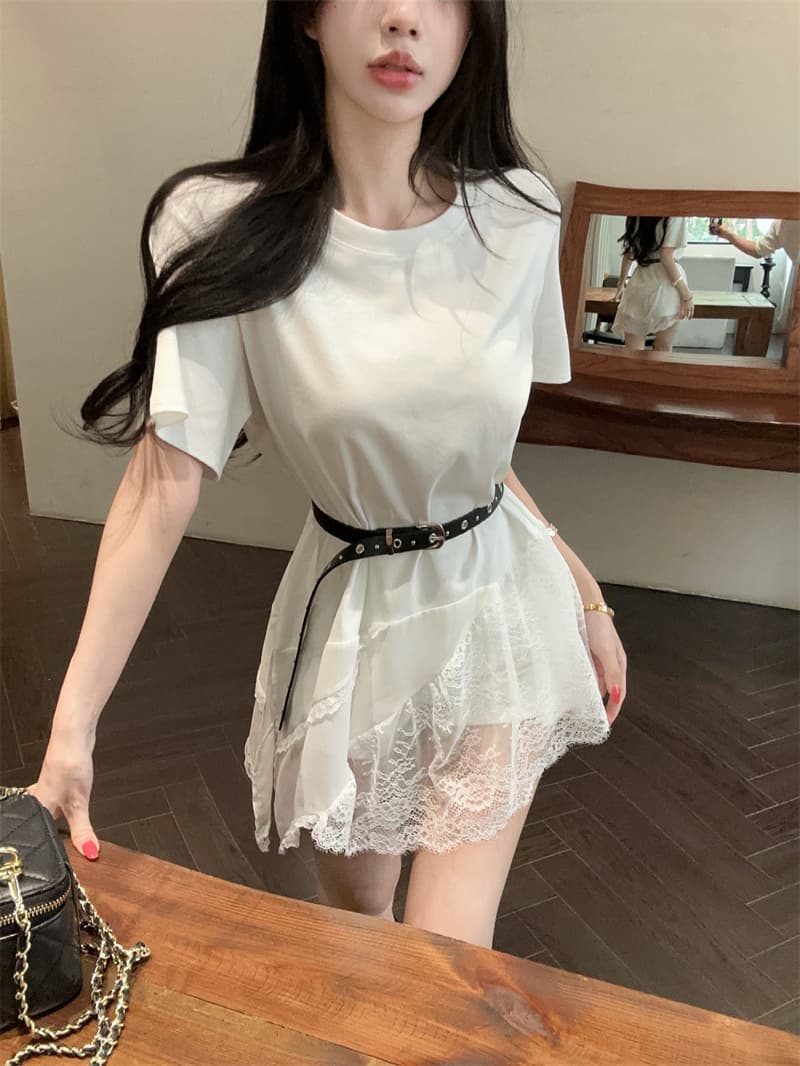 실사 한국 스타일 디자인 센스 라운드 넥 패치워크 레이스 반팔 티셔츠 켜기 벨트 벨트 상세 이미지 8
