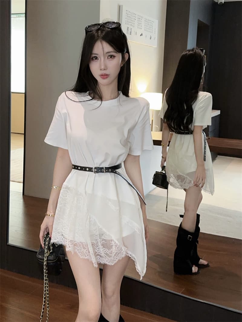 실사 한국 스타일 디자인 센스 라운드 넥 패치워크 레이스 반팔 티셔츠 켜기 벨트 벨트 상세 이미지 12
