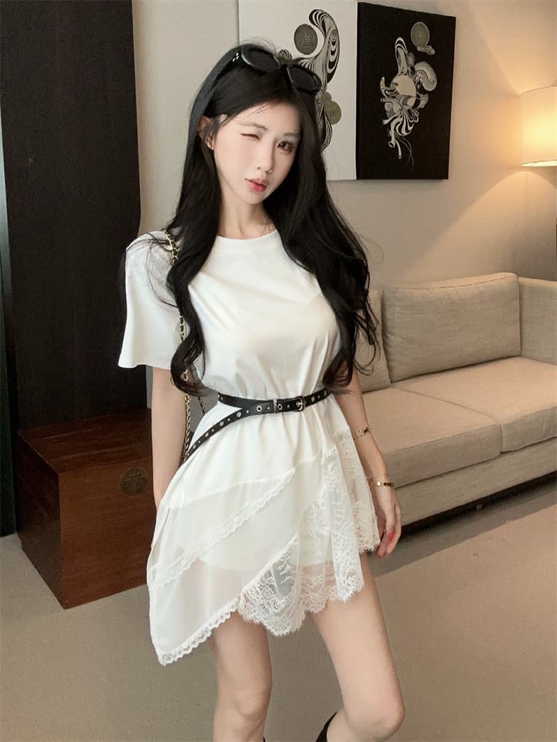 실사 한국 스타일 디자인 센스 라운드 넥 패치워크 레이스 반팔 티셔츠 켜기 벨트 벨트 상세 이미지 15