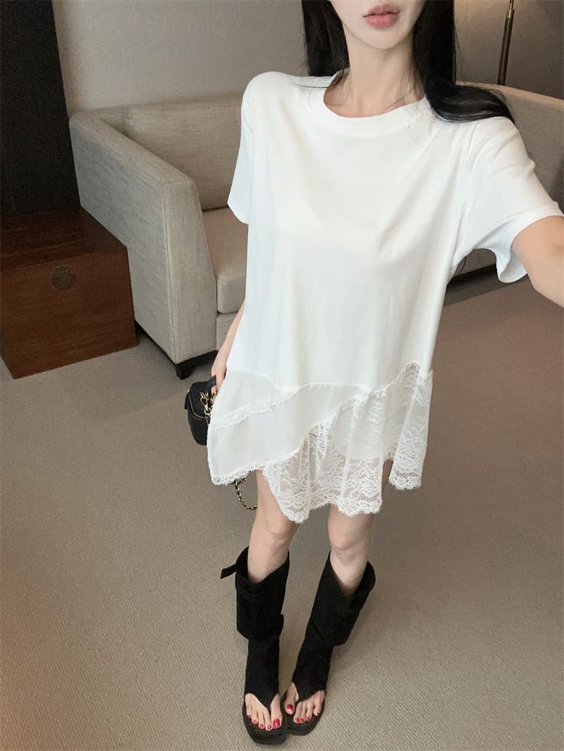 실사 한국 스타일 디자인 센스 라운드 넥 패치워크 레이스 반팔 티셔츠 켜기 벨트 벨트 상세 이미지 16