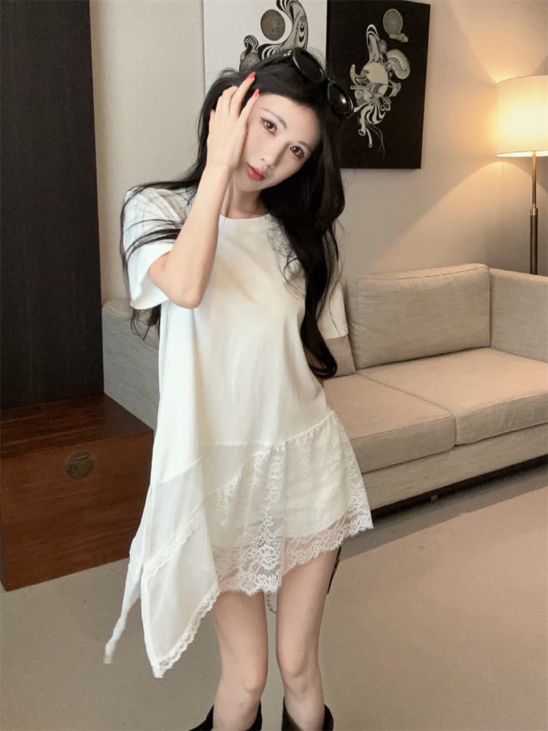 실사 한국 스타일 디자인 센스 라운드 넥 패치워크 레이스 반팔 티셔츠 켜기 벨트 벨트 상세 이미지 17