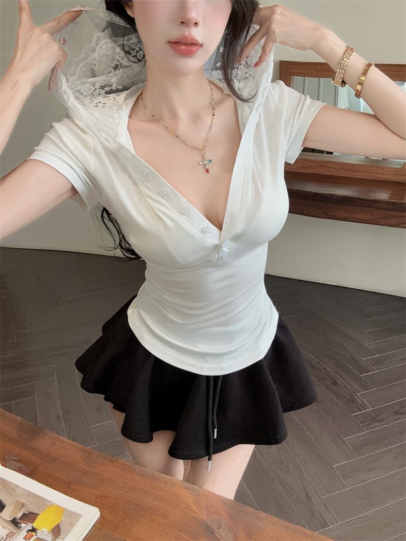 실사 디자인 센스 패치워크 레이스 후드 V넥 반팔 티셔츠 상세 이미지 3