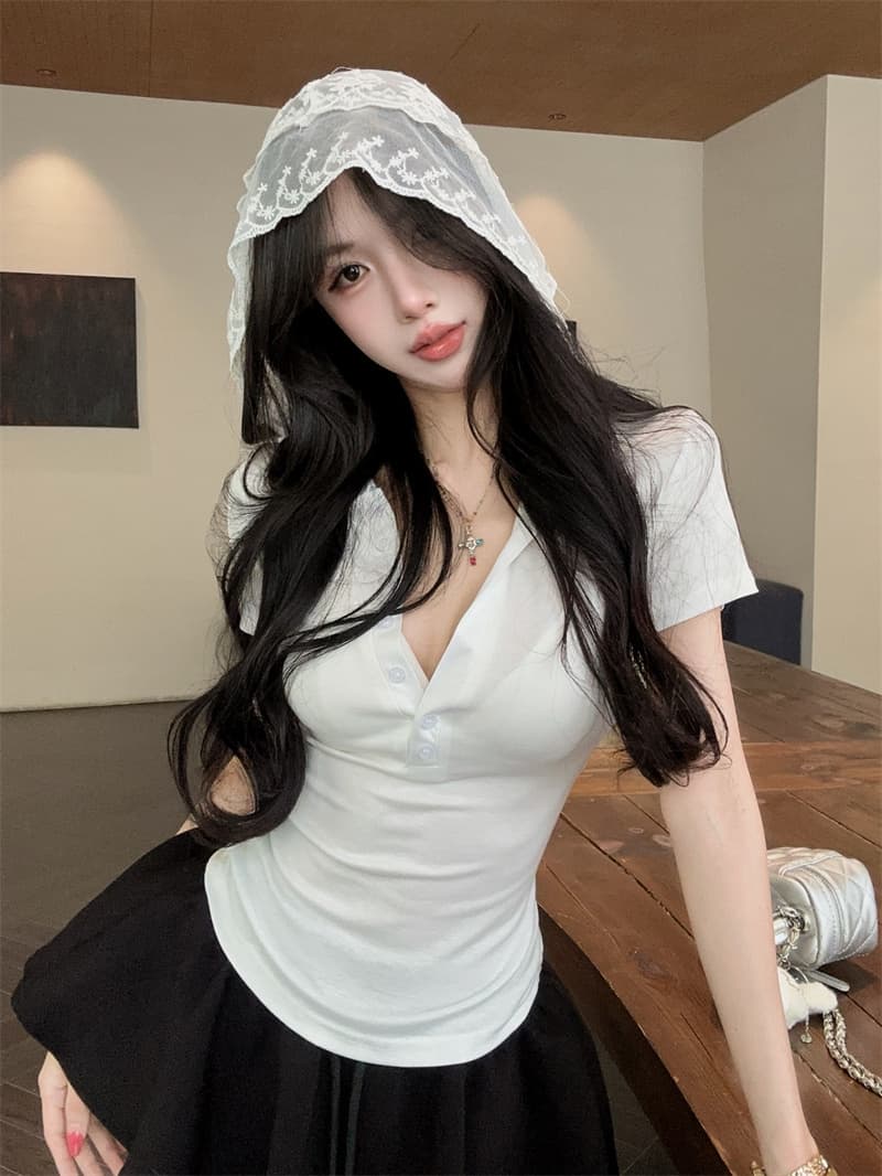 실사 디자인 센스 패치워크 레이스 후드 V넥 반팔 티셔츠 상세 이미지 4