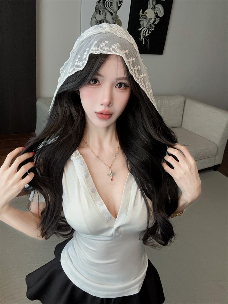 실사 디자인 센스 패치워크 레이스 후드 V넥 반팔 티셔츠 상세 이미지 5