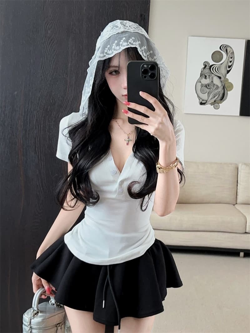 실사 디자인 센스 패치워크 레이스 후드 V넥 반팔 티셔츠 상세 이미지 8