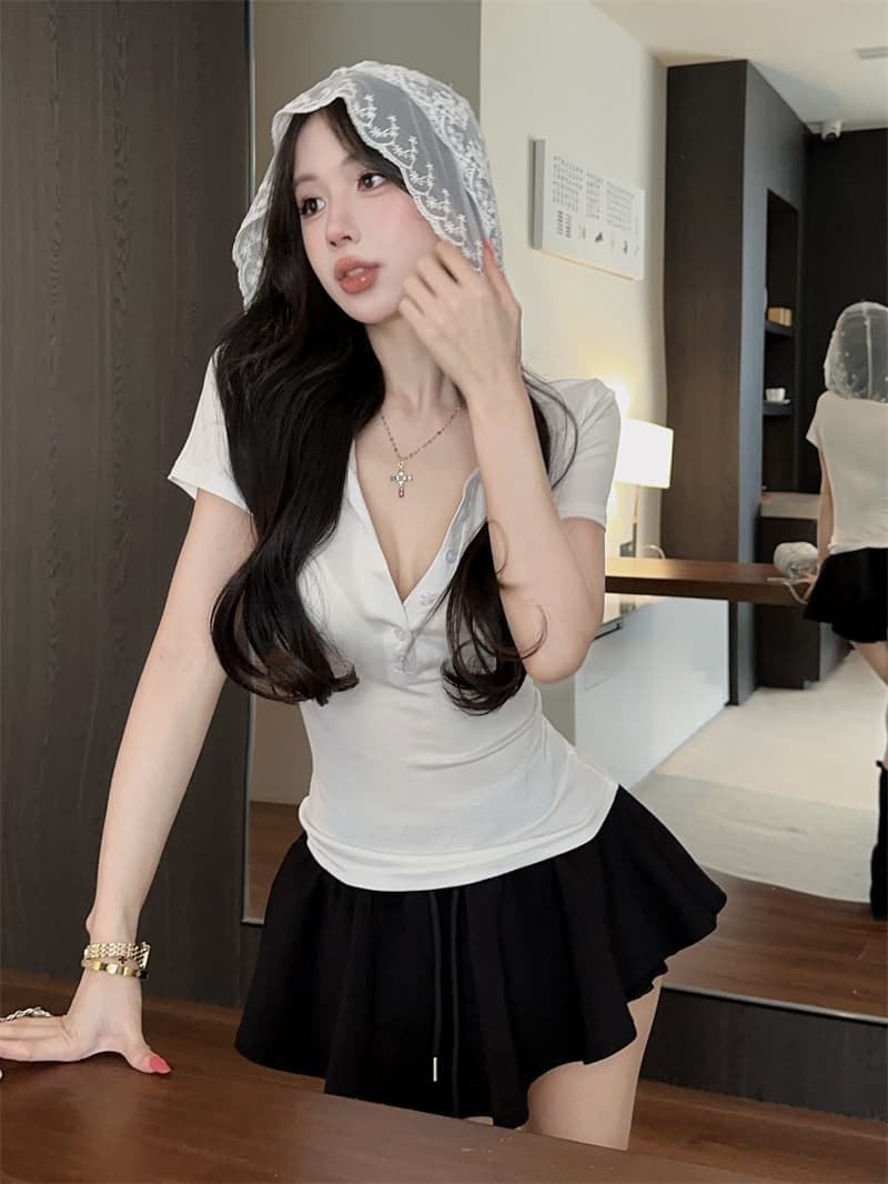 실사 디자인 센스 패치워크 레이스 후드 V넥 반팔 티셔츠 상세 이미지 10