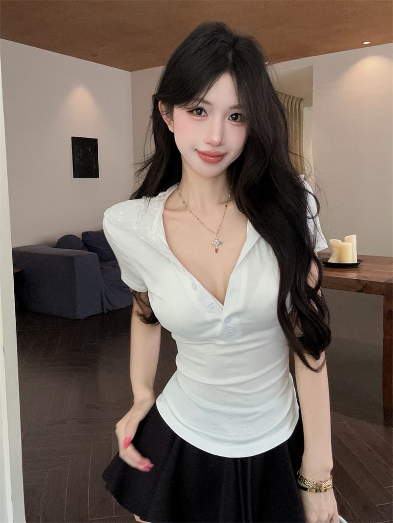 실사 디자인 센스 패치워크 레이스 후드 V넥 반팔 티셔츠 상세 이미지 11