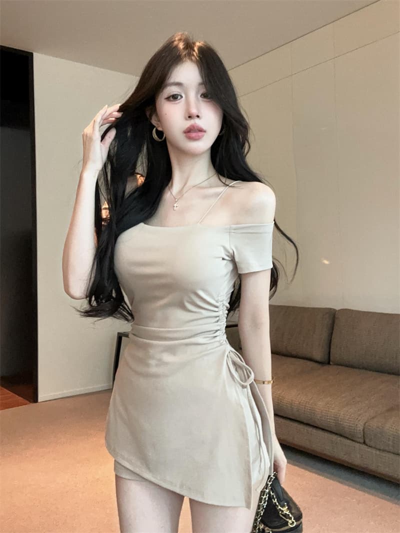 실사 순수한 욕망 핫걸 오프숄더 슬립 반팔 티셔츠 드레스 레깅스 투피스 세트