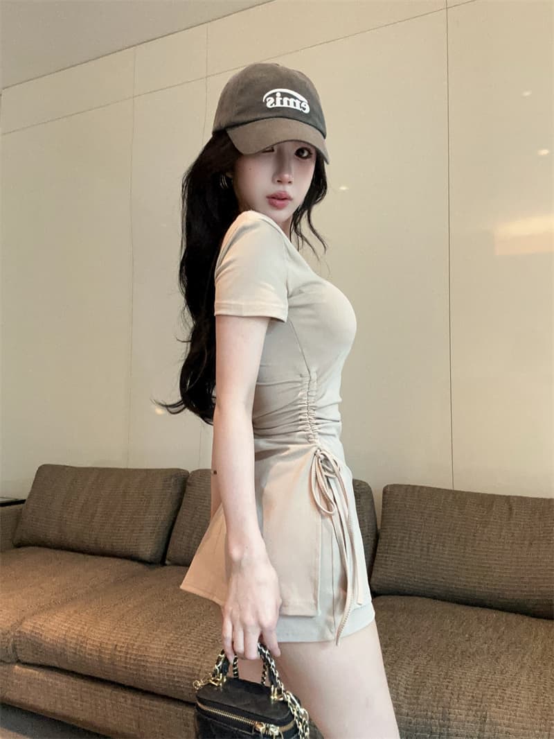 실사 순수한 욕망 핫걸 오프숄더 슬립 반팔 티셔츠 드레스 레깅스 투피스 세트 상세 이미지 18