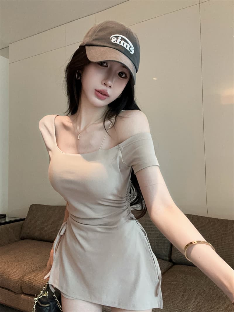실사 순수한 욕망 핫걸 오프숄더 슬립 반팔 티셔츠 드레스 레깅스 투피스 세트 상세 이미지 19