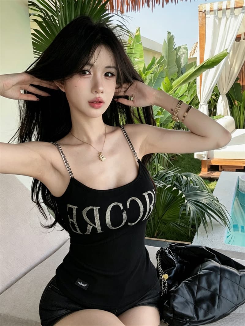 실사 체인 프린트 알파벳 핫걸 캐미솔 상세 이미지 1