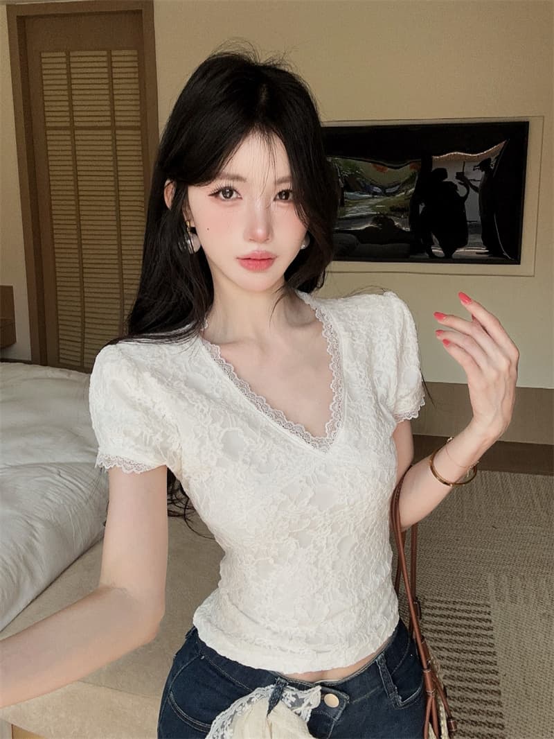 실사 품격 부드러운 레이스 조각 반팔 V넥 슬림해 보이는 몸매 가꾸기 켜기 벨트 안감 안감 상세 이미지 1