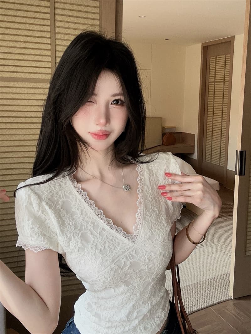 실사 품격 부드러운 레이스 조각 반팔 V넥 슬림해 보이는 몸매 가꾸기 켜기 벨트 안감 안감 상세 이미지 3