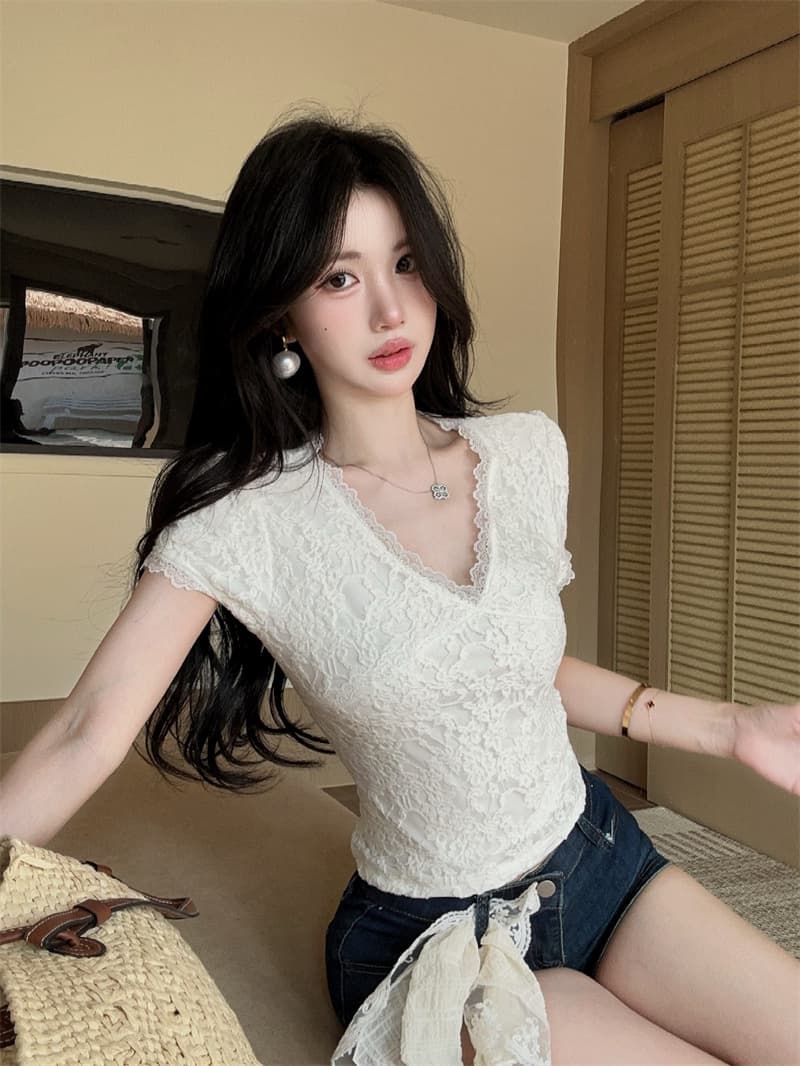 실사 품격 부드러운 레이스 조각 반팔 V넥 슬림해 보이는 몸매 가꾸기 켜기 벨트 안감 안감 상세 이미지 6