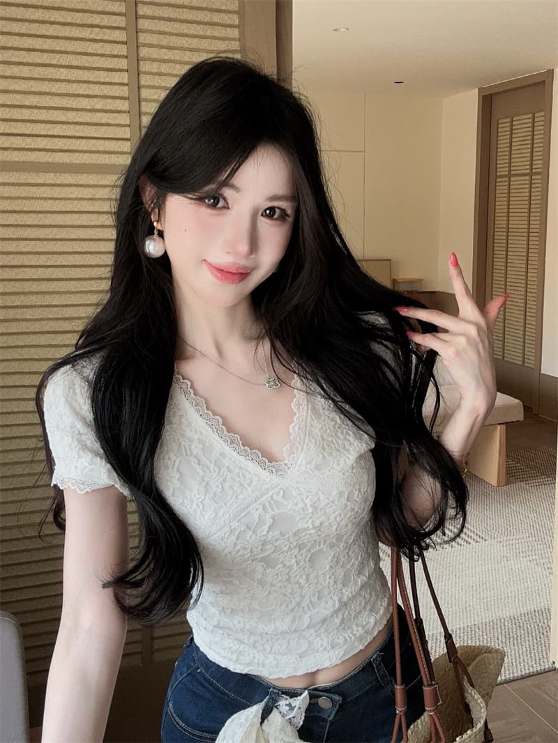 실사 품격 부드러운 레이스 조각 반팔 V넥 슬림해 보이는 몸매 가꾸기 켜기 벨트 안감 안감 상세 이미지 7