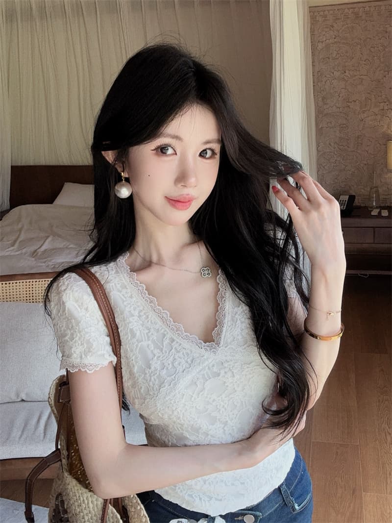 실사 품격 부드러운 레이스 조각 반팔 V넥 슬림해 보이는 몸매 가꾸기 켜기 벨트 안감 안감 상세 이미지 8