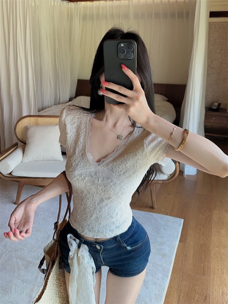 실사 품격 부드러운 레이스 조각 반팔 V넥 슬림해 보이는 몸매 가꾸기 켜기 벨트 안감 안감 상세 이미지 9