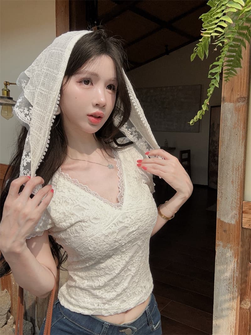 실사 품격 부드러운 레이스 조각 반팔 V넥 슬림해 보이는 몸매 가꾸기 켜기 벨트 안감 안감 상세 이미지 12