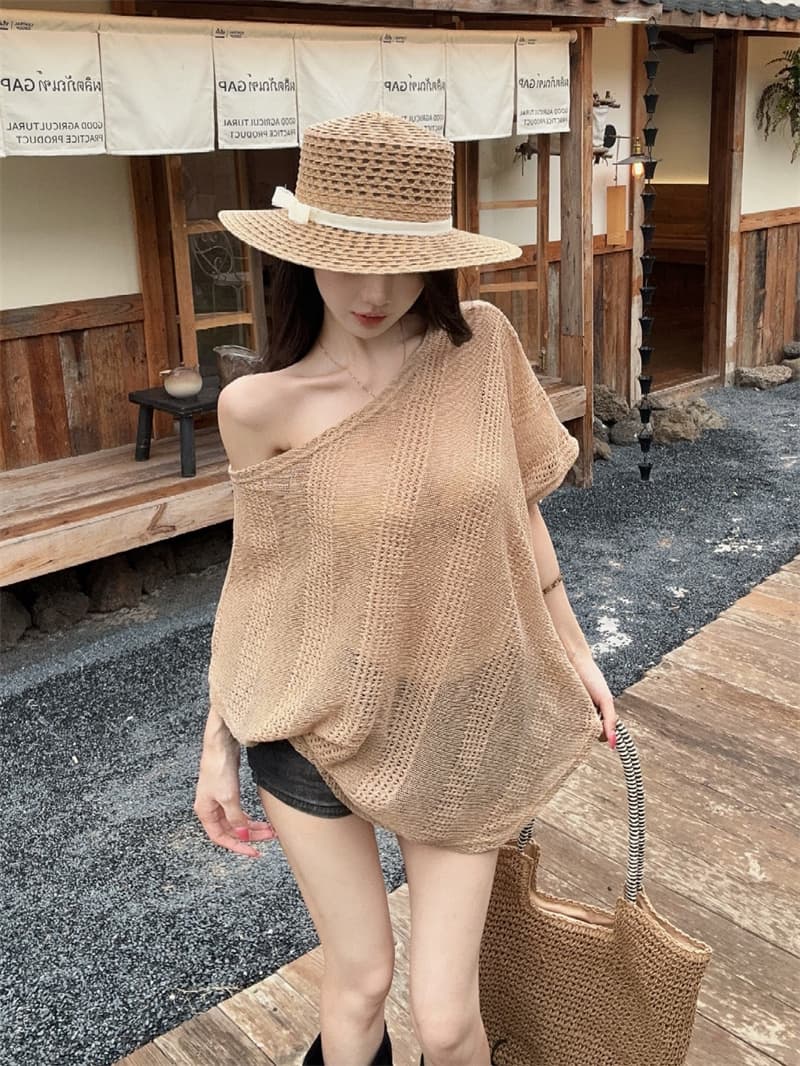 실사 홀로우 아웃 프랑스식 비스듬한 어깨 오프숄더 디자인 센스 불규칙 배트윙 소매 켜기 벨트 벨트 상세 이미지 6