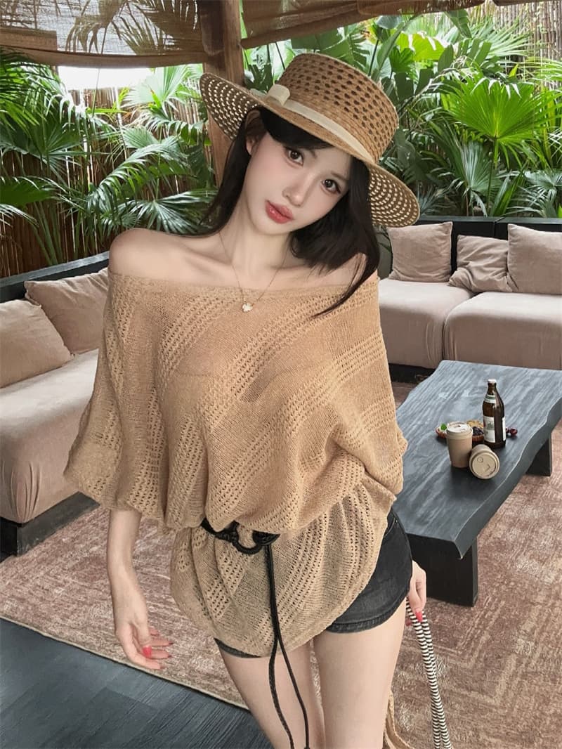 실사 홀로우 아웃 프랑스식 비스듬한 어깨 오프숄더 디자인 센스 불규칙 배트윙 소매 켜기 벨트 벨트 상세 이미지 7