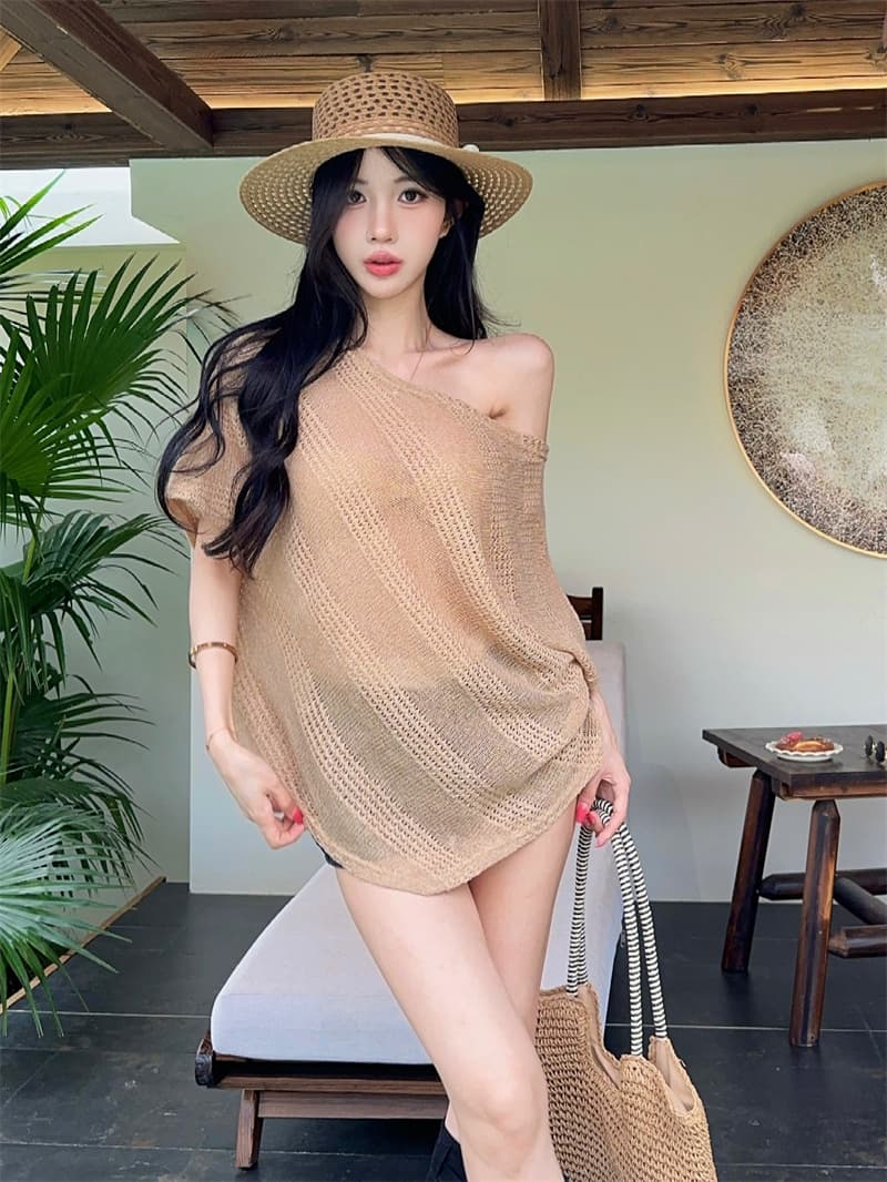 실사 홀로우 아웃 프랑스식 비스듬한 어깨 오프숄더 디자인 센스 불규칙 배트윙 소매 켜기 벨트 벨트 상세 이미지 8