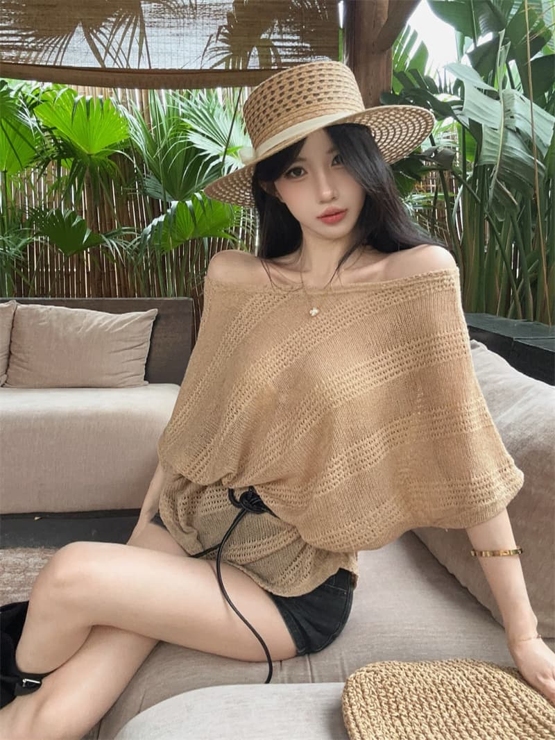 실사 홀로우 아웃 프랑스식 비스듬한 어깨 오프숄더 디자인 센스 불규칙 배트윙 소매 켜기 벨트 벨트 상세 이미지 10